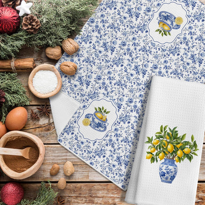 Lemon Kitchen Towels Set of 2, Blue and White Chinoiserie Summer Lemon Dish Tea Towels for Kitchen Decor, Chinoiserie Amalfi Coast Decor Hand Towels for Bathroom, 16x24 Inches
