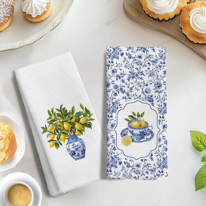 Lemon Kitchen Towels Set of 2, Blue and White Chinoiserie Summer Lemon Dish Tea Towels for Kitchen Decor, Chinoiserie Amalfi Coast Decor Hand Towels for Bathroom, 16x24 Inches