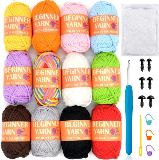 12 Pack Beginners Crochet Yarn Blue Green Pink Purple Yellow Rainbow Cotton Easy Crochet Yarn for Crocheting Knitting Beginners with Easy-to-See Stitches Mini Beginner Crochet Kit(12x25g)