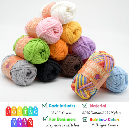 12 Pack Beginners Crochet Yarn Blue Green Pink Purple Yellow Rainbow Cotton Easy Crochet Yarn for Crocheting Knitting Beginners with Easy-to-See Stitches Mini Beginner Crochet Kit(12x25g)