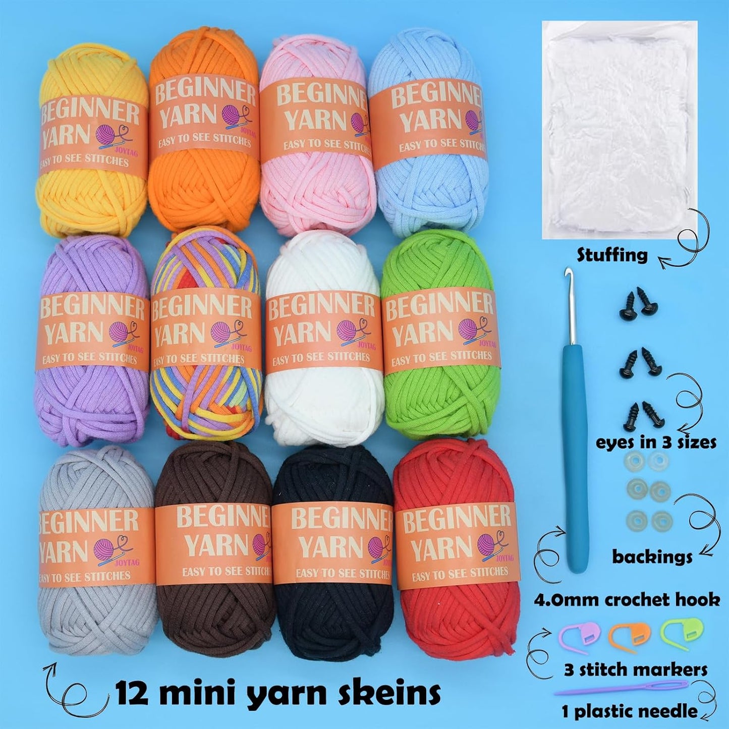 12 Pack Beginners Crochet Yarn Blue Green Pink Purple Yellow Rainbow Cotton Easy Crochet Yarn for Crocheting Knitting Beginners with Easy-to-See Stitches Mini Beginner Crochet Kit(12x25g)