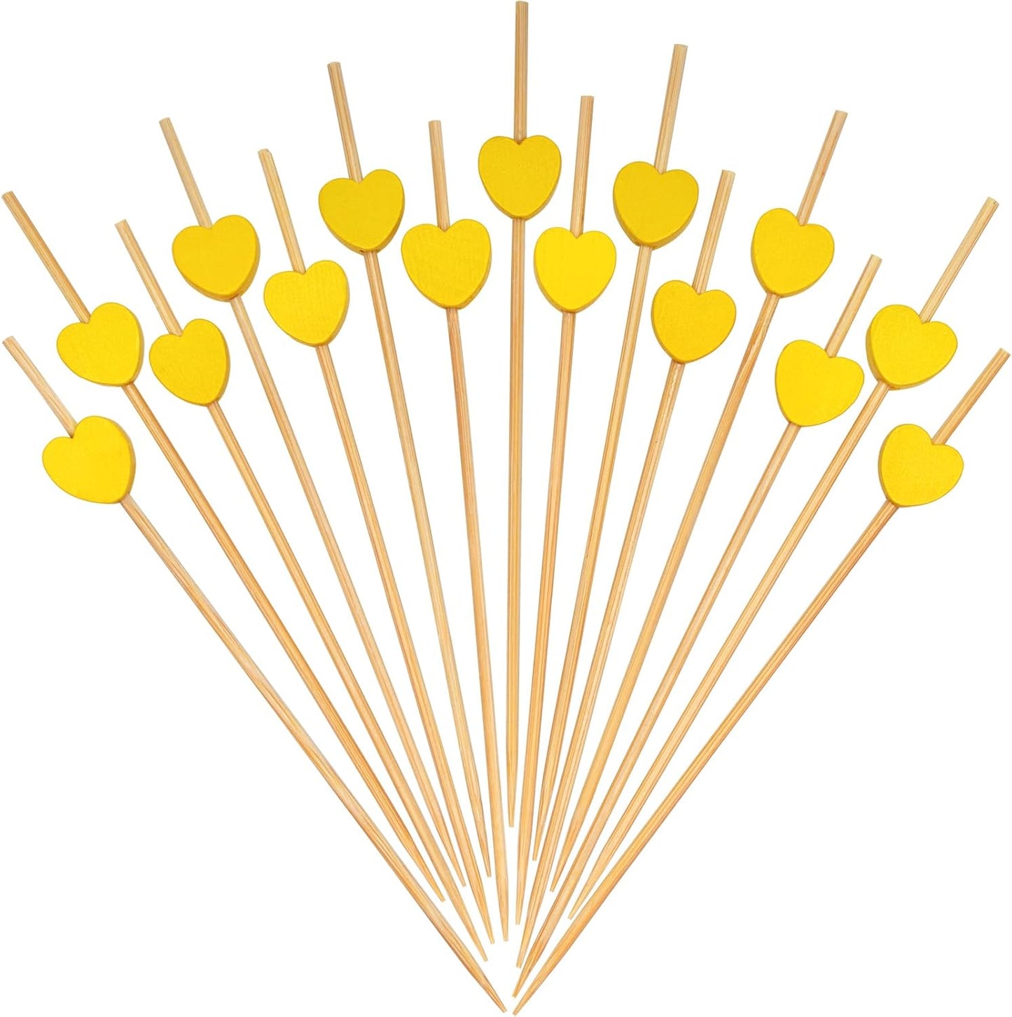 Yellow Love Heart Cocktail Picks, 4.7 Inch Long Bamboo Fancy Toothpicks for Appetizers, Decorative Mardi Gras Wedding Party Food Drinks Garnish Fruit Kabob Skewer Sticks 100 Counts -MSL441