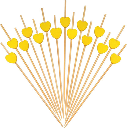 Yellow Love Heart Cocktail Picks, 4.7 Inch Long Bamboo Fancy Toothpicks for Appetizers, Decorative Mardi Gras Wedding Party Food Drinks Garnish Fruit Kabob Skewer Sticks 100 Counts -MSL441