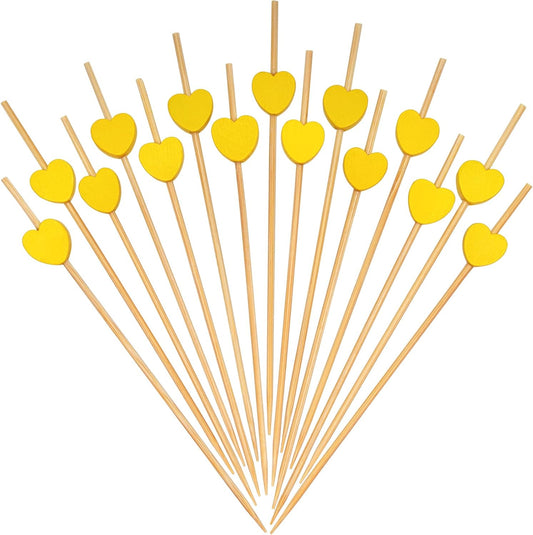 Yellow Love Heart Cocktail Picks, 4.7 Inch Long Bamboo Fancy Toothpicks for Appetizers, Decorative Mardi Gras Wedding Party Food Drinks Garnish Fruit Kabob Skewer Sticks 100 Counts -MSL441
