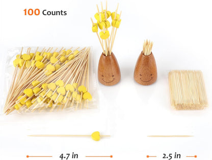 Yellow Love Heart Cocktail Picks, 4.7 Inch Long Bamboo Fancy Toothpicks for Appetizers, Decorative Mardi Gras Wedding Party Food Drinks Garnish Fruit Kabob Skewer Sticks 100 Counts -MSL441