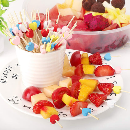Yellow Love Heart Cocktail Picks, 4.7 Inch Long Bamboo Fancy Toothpicks for Appetizers, Decorative Mardi Gras Wedding Party Food Drinks Garnish Fruit Kabob Skewer Sticks 100 Counts -MSL441