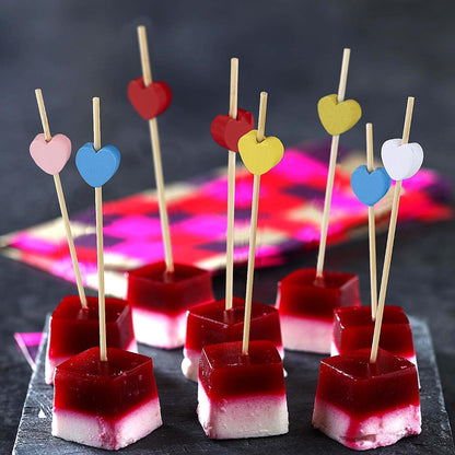 Yellow Love Heart Cocktail Picks, 4.7 Inch Long Bamboo Fancy Toothpicks for Appetizers, Decorative Mardi Gras Wedding Party Food Drinks Garnish Fruit Kabob Skewer Sticks 100 Counts -MSL441