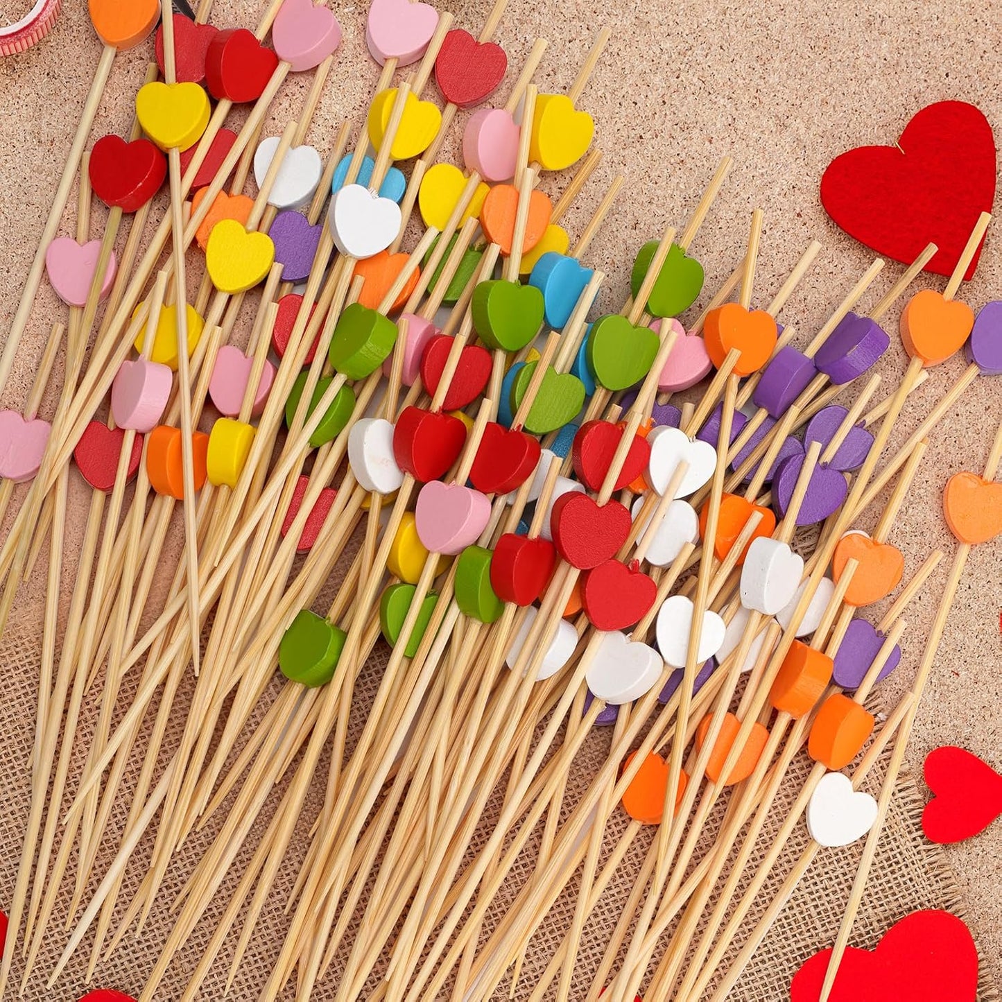 Yellow Love Heart Cocktail Picks, 4.7 Inch Long Bamboo Fancy Toothpicks for Appetizers, Decorative Mardi Gras Wedding Party Food Drinks Garnish Fruit Kabob Skewer Sticks 100 Counts -MSL441