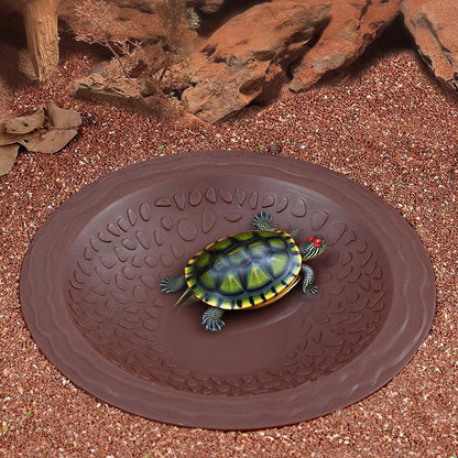 Turtle Bathing Pool Small for Reptiles & Amphibians - Resin Water Dish & Feeding Bowl with Gentle Slope - Safe for Turtles, Lizards, Frogs, Snakes (Reddish Brown)