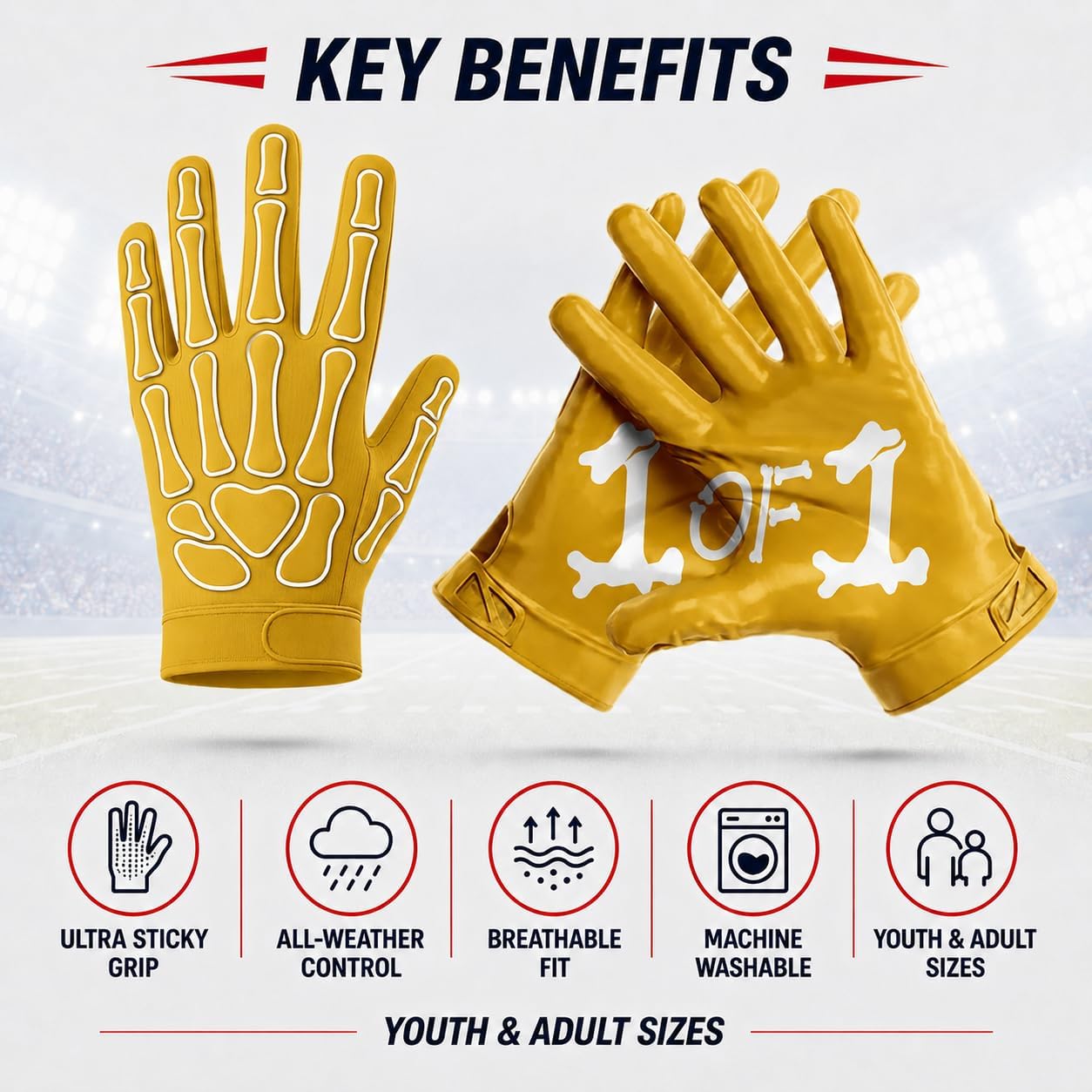 1 of 1 Bone Football Gloves – Elite Sticky Grip Wide Receiver Gloves for Youth & Adult – Ultra-Stick Palm, Breathable, All-Weather