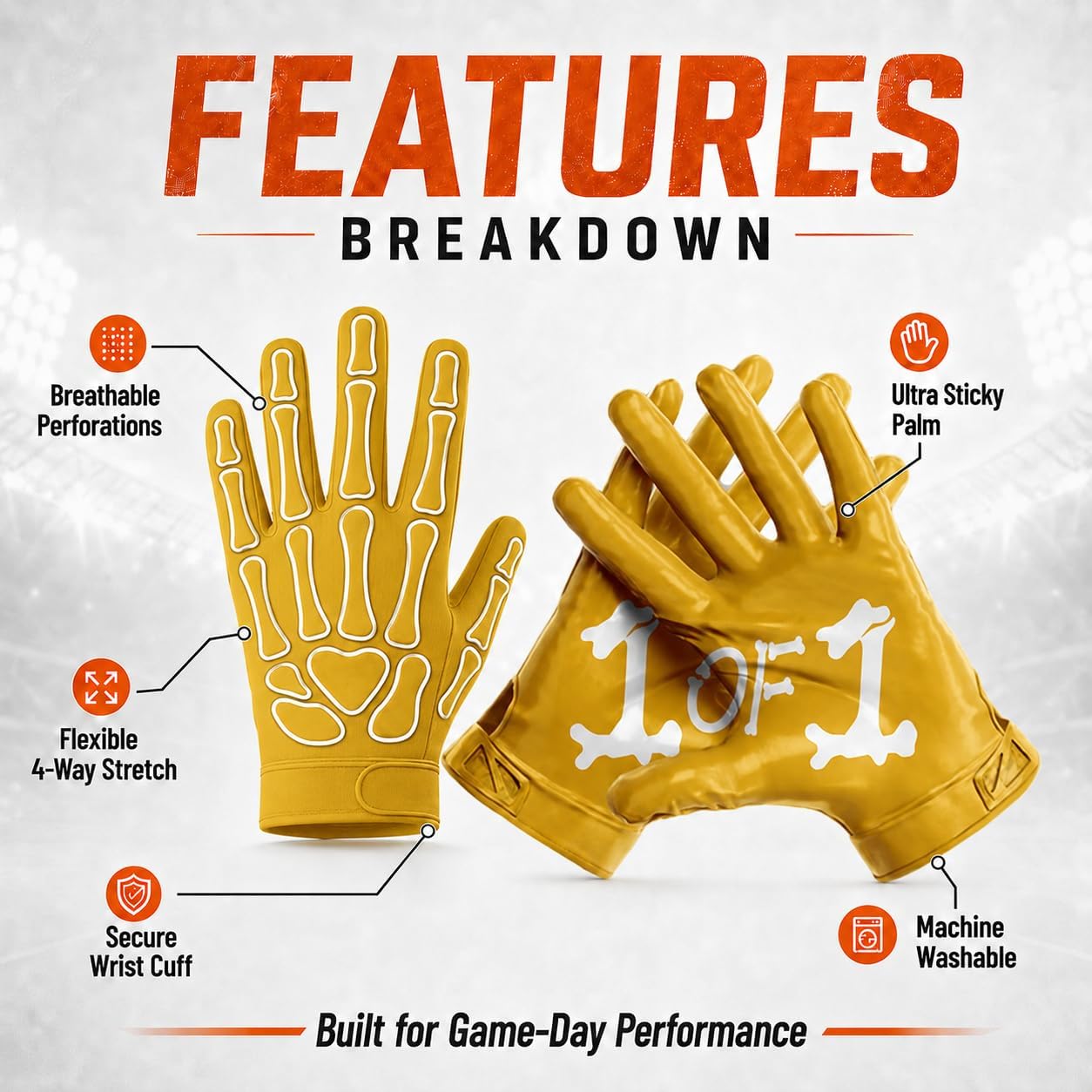 1 of 1 Bone Football Gloves – Elite Sticky Grip Wide Receiver Gloves for Youth & Adult – Ultra-Stick Palm, Breathable, All-Weather