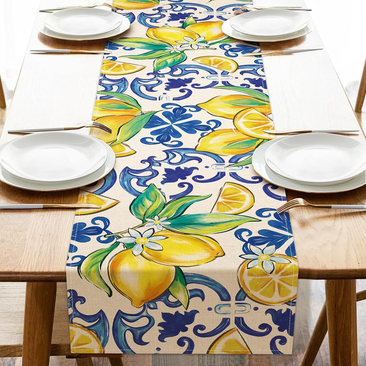 Blue Lemon Italy Tile Pattern Dining Table Runner, Amalfi Coast Italian Capri Citrus Burlap Kitchen Decoration, Summer Mediterranean Indoor Outdoor Home Decor Party Supply 13 x 108 Inches