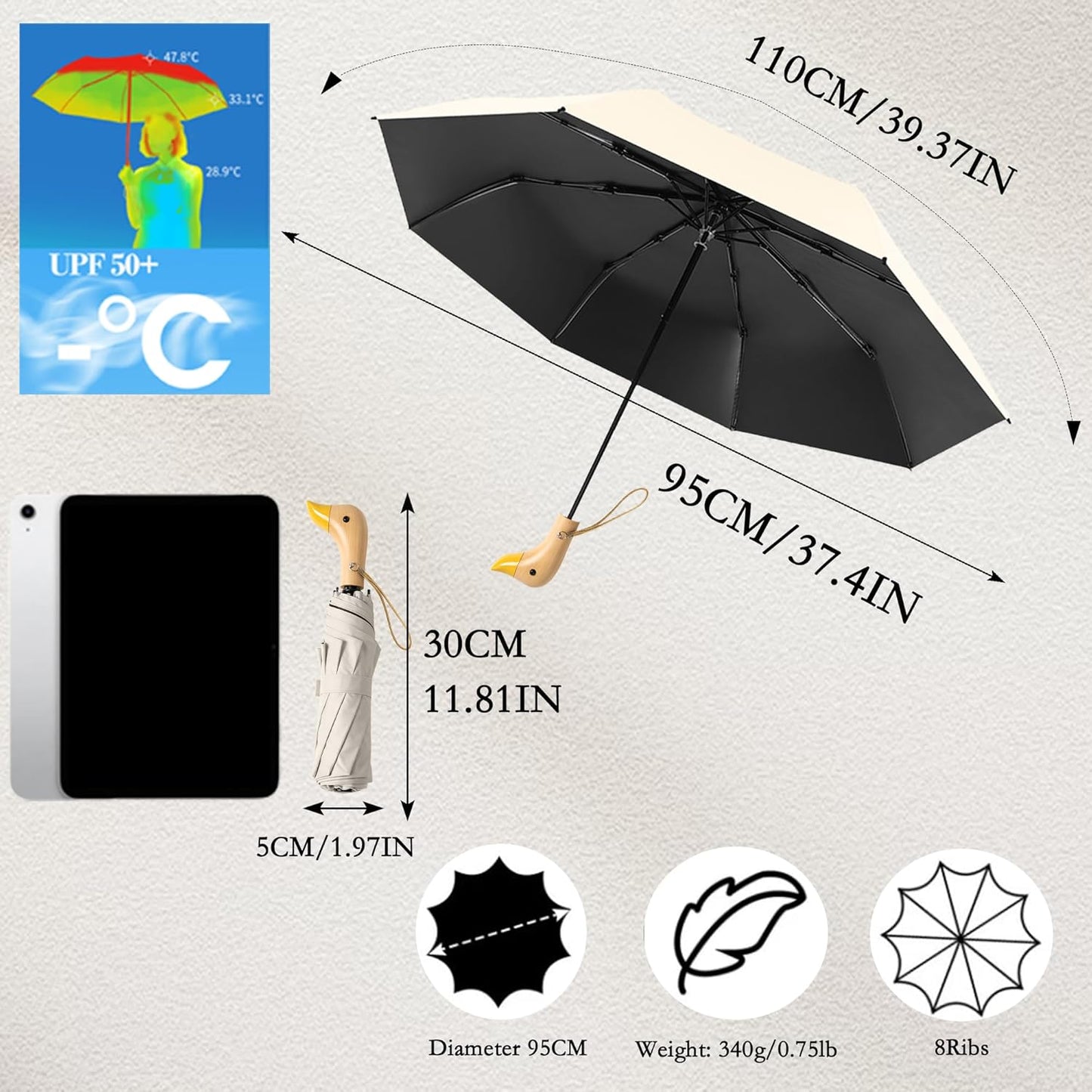 Travel Folding Umbrella with Cute Duck wooden Handle,Wide Strap,Rain/Sun,UPF 50+,UV Protection,Compact, Lightweight Portable, Sturdy & Collapsible,8 Ribs, Women/Kids,Backpack/Car