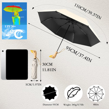 Travel Folding Umbrella with Cute Duck wooden Handle,Wide Strap,Rain/Sun,UPF 50+,UV Protection,Compact, Lightweight Portable, Sturdy & Collapsible,8 Ribs, Women/Kids,Backpack/Car