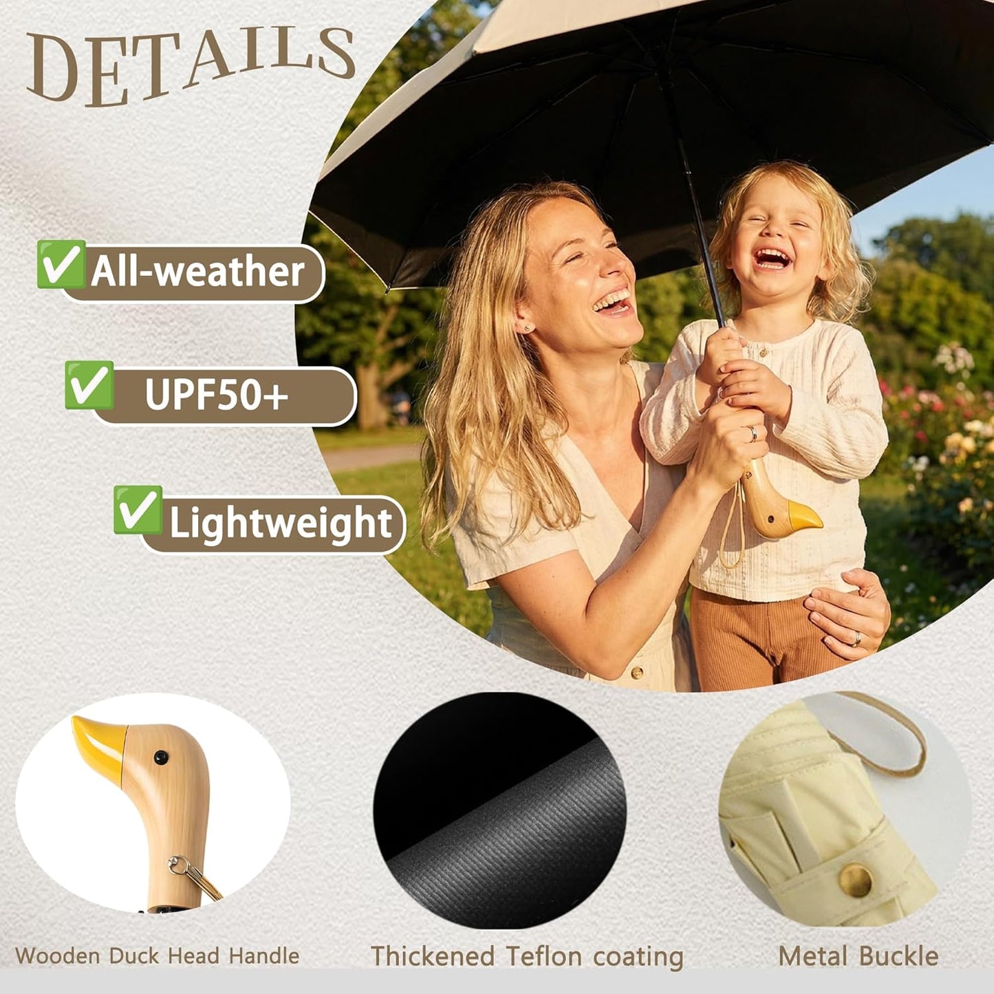 Travel Folding Umbrella with Cute Duck wooden Handle,Wide Strap,Rain/Sun,UPF 50+,UV Protection,Compact, Lightweight Portable, Sturdy & Collapsible,8 Ribs, Women/Kids,Backpack/Car