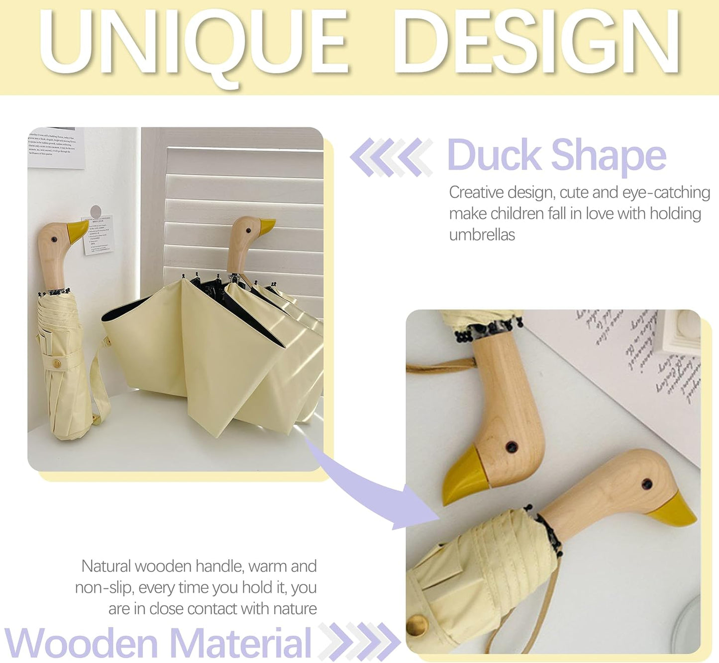 Travel Folding Umbrella with Cute Duck wooden Handle,Wide Strap,Rain/Sun,UPF 50+,UV Protection,Compact, Lightweight Portable, Sturdy & Collapsible,8 Ribs, Women/Kids,Backpack/Car