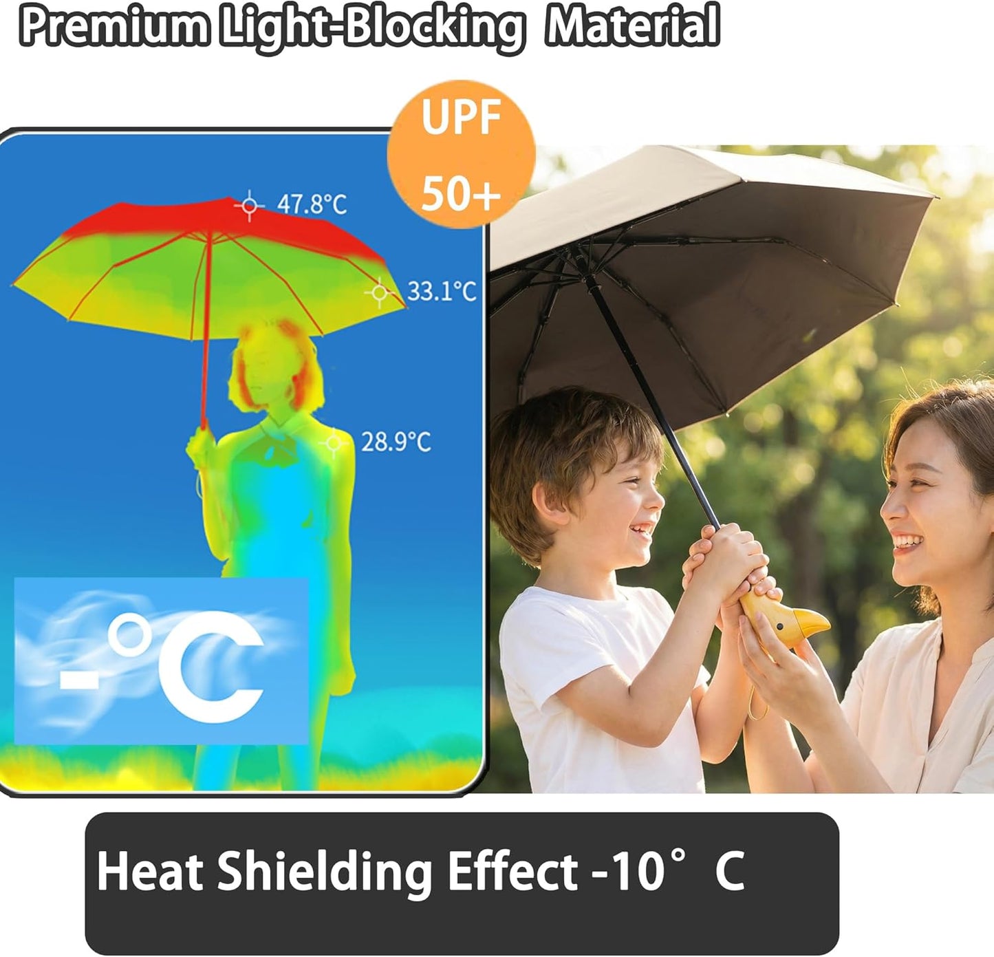 Travel Folding Umbrella with Cute Duck wooden Handle,Wide Strap,Rain/Sun,UPF 50+,UV Protection,Compact, Lightweight Portable, Sturdy & Collapsible,8 Ribs, Women/Kids,Backpack/Car