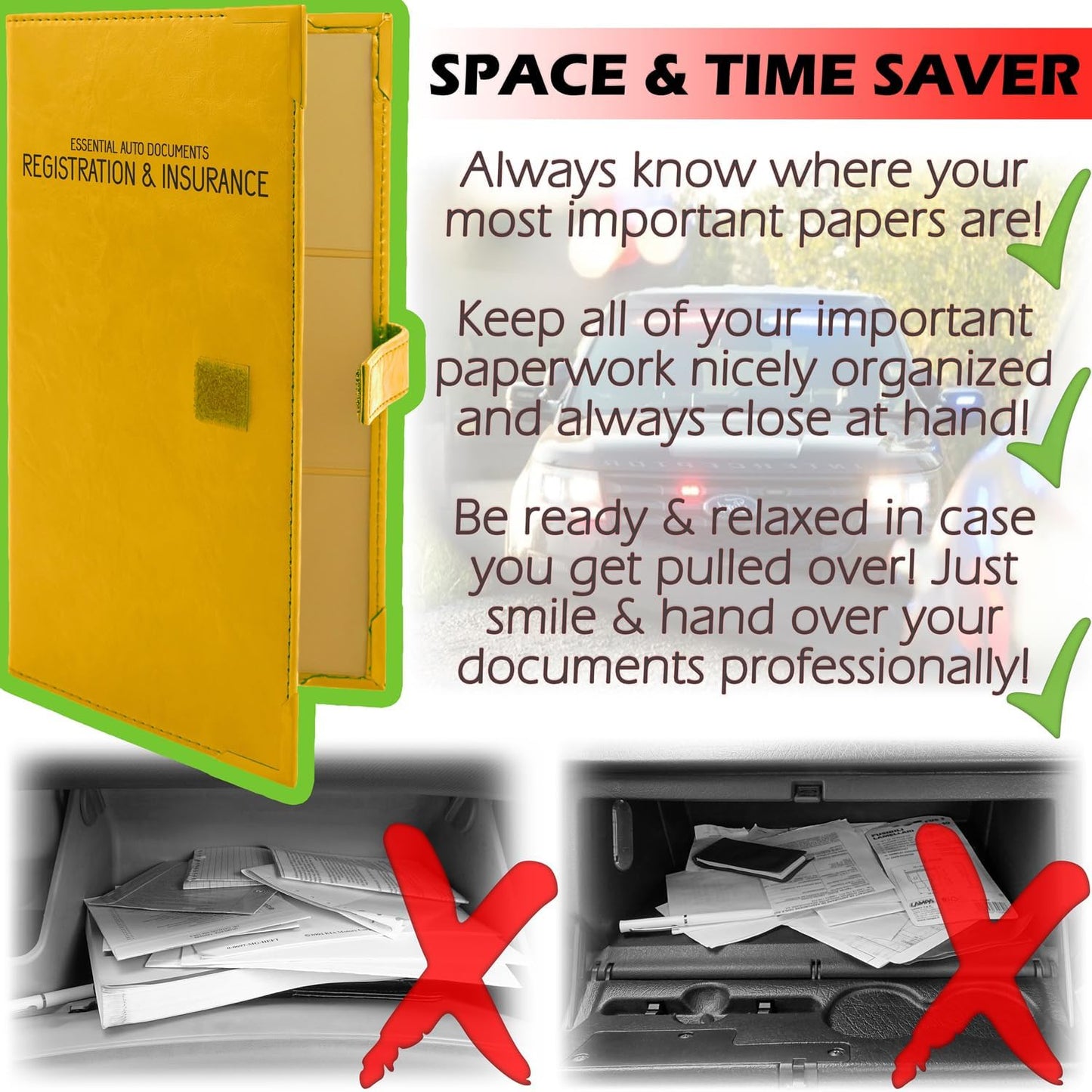 Registration and Insurance Card Holder - Car Organizer - Yellow | Vehicle Glove Box Document Organizer, Auto Essential Paperwork Holder for Contact Information Cards, Interior Car Accessories