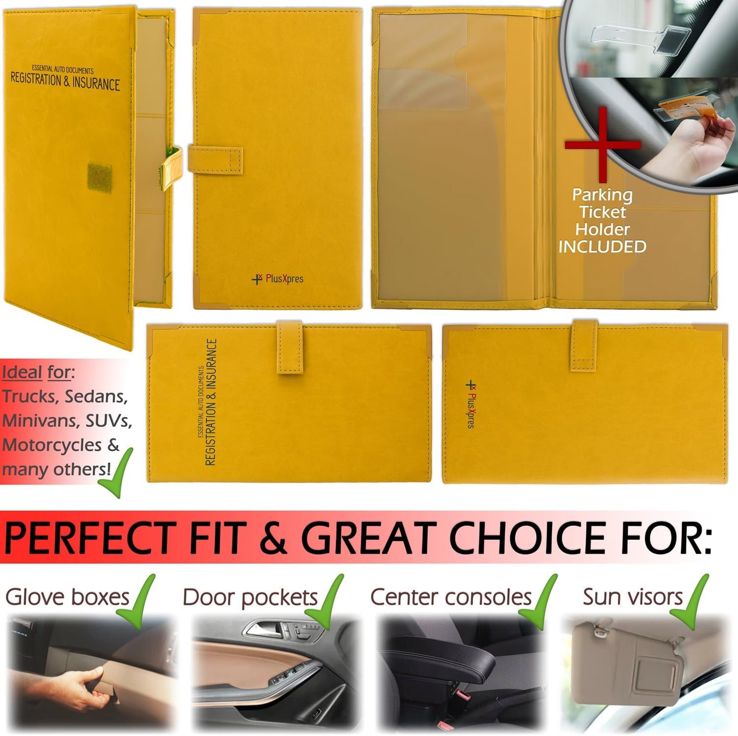 Registration and Insurance Card Holder - Car Organizer - Yellow | Vehicle Glove Box Document Organizer, Auto Essential Paperwork Holder for Contact Information Cards, Interior Car Accessories