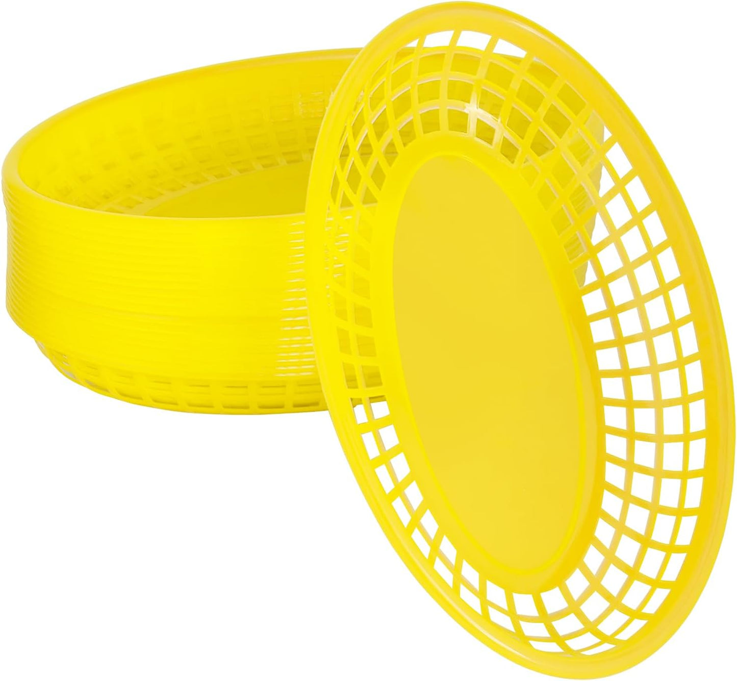 20 Pack Plastic Fast Food Baskets, 8.8" × 5.5" Small Oval Restaurant Serving Baskets Tray for Burgers, Sandwiches, Hot Dogs, Parties, Food Trucks, Reusable or Disposable, Stackable(Yellow)