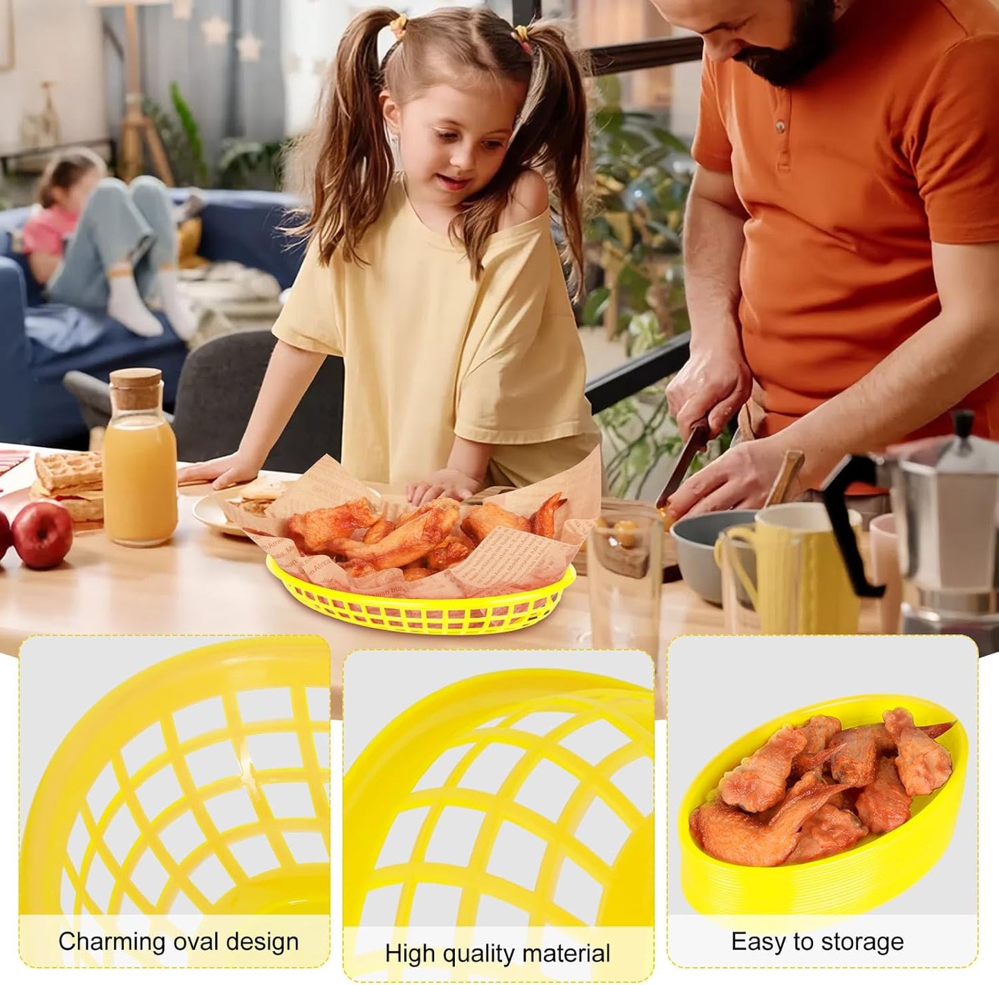 20 Pack Plastic Fast Food Baskets, 8.8" × 5.5" Small Oval Restaurant Serving Baskets Tray for Burgers, Sandwiches, Hot Dogs, Parties, Food Trucks, Reusable or Disposable, Stackable(Yellow)