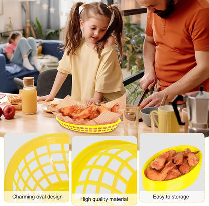 20 Pack Plastic Fast Food Baskets, 8.8" × 5.5" Small Oval Restaurant Serving Baskets Tray for Burgers, Sandwiches, Hot Dogs, Parties, Food Trucks, Reusable or Disposable, Stackable(Yellow)