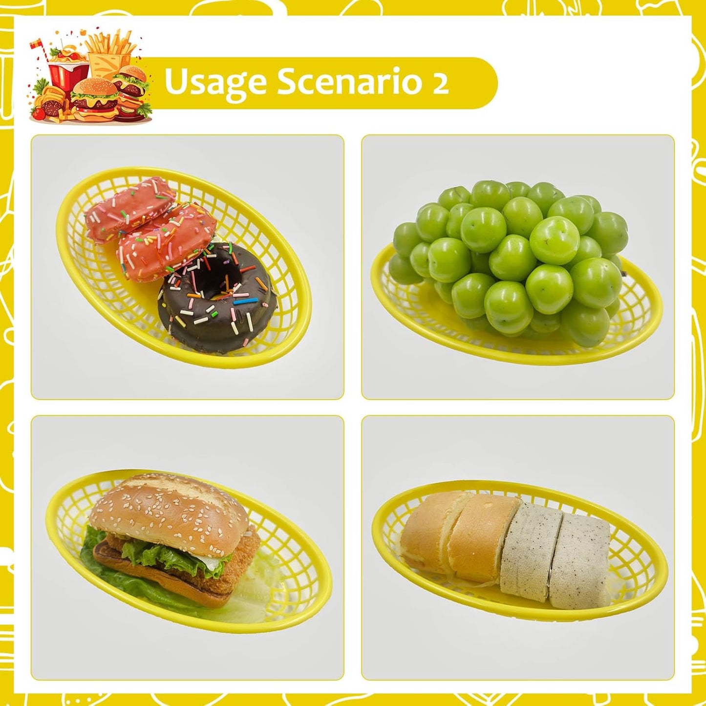 20 Pack Plastic Fast Food Baskets, 8.8" × 5.5" Small Oval Restaurant Serving Baskets Tray for Burgers, Sandwiches, Hot Dogs, Parties, Food Trucks, Reusable or Disposable, Stackable(Yellow)