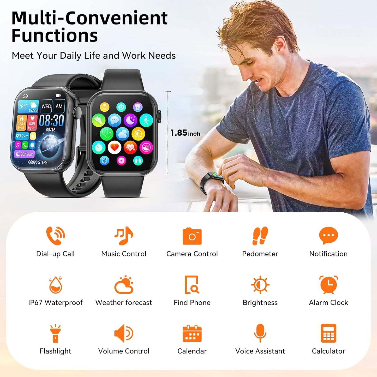 Smart Watch (Answer/Make Call) 1.85inch Fitness Tracker, DIY Dials/Pedometer/Calories/Multiple Sport Modes/Voice Assistant, Smart Watches for Men Women Android iOS Phones