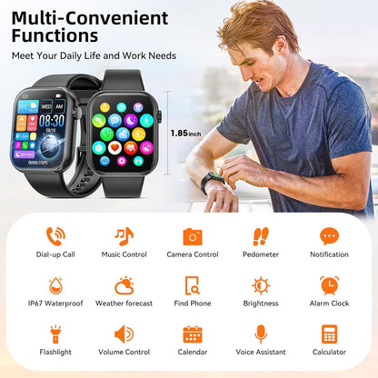 Smart Watch (Answer/Make Call) 1.85inch Fitness Tracker, DIY Dials/Pedometer/Calories/Multiple Sport Modes/Voice Assistant, Smart Watches for Men Women Android iOS Phones