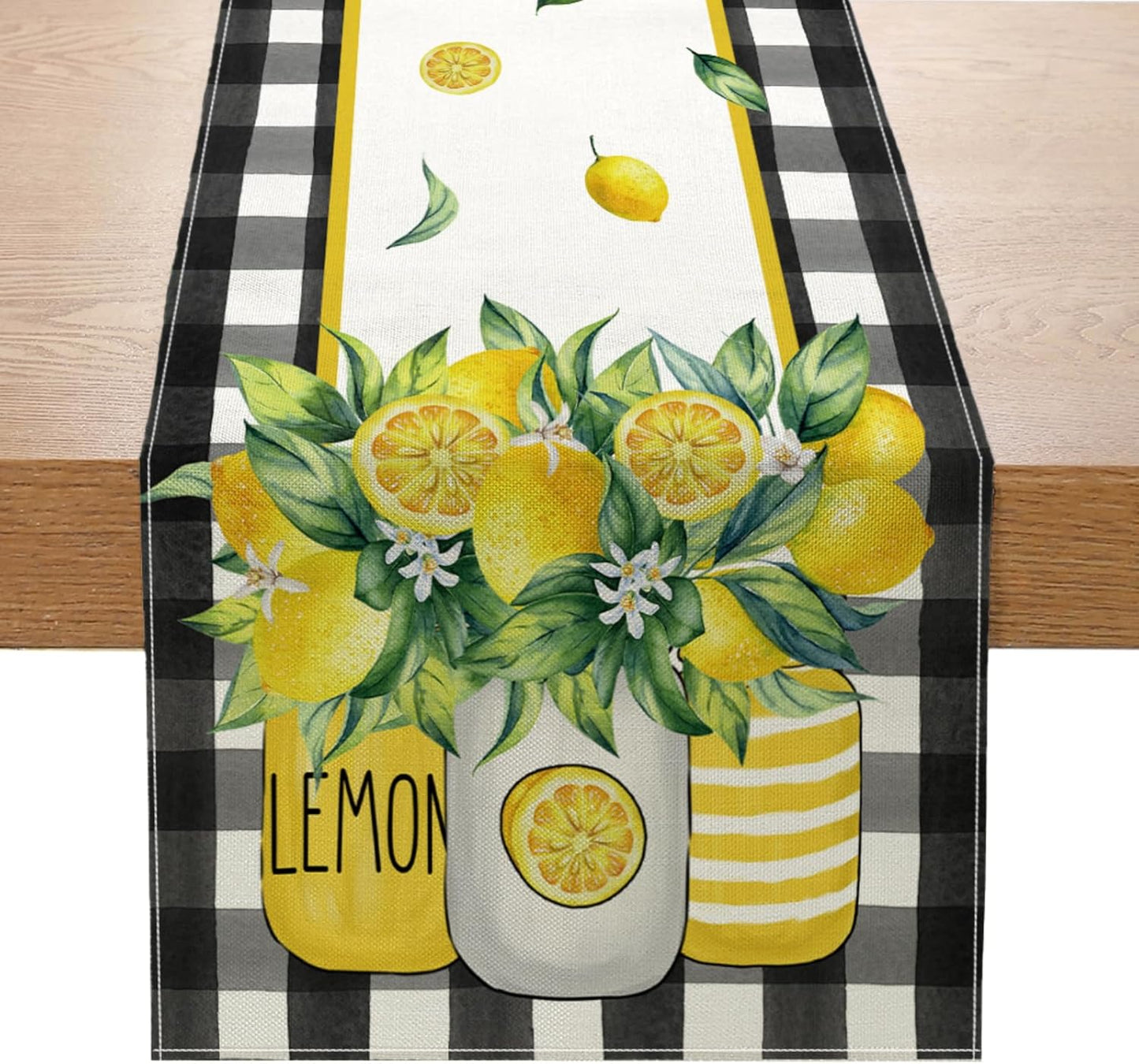 Buffalo Plaid Lemon Vase Table Runner 13x72 Inch Yellow Summer Flowers Kitchen Dinning Table Decoration for Indoor Outdoor Home Party Décor