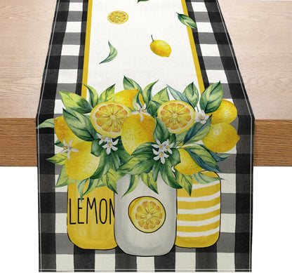 Buffalo Plaid Lemon Vase Table Runner 13x72 Inch Yellow Summer Flowers Kitchen Dinning Table Decoration for Indoor Outdoor Home Party Décor