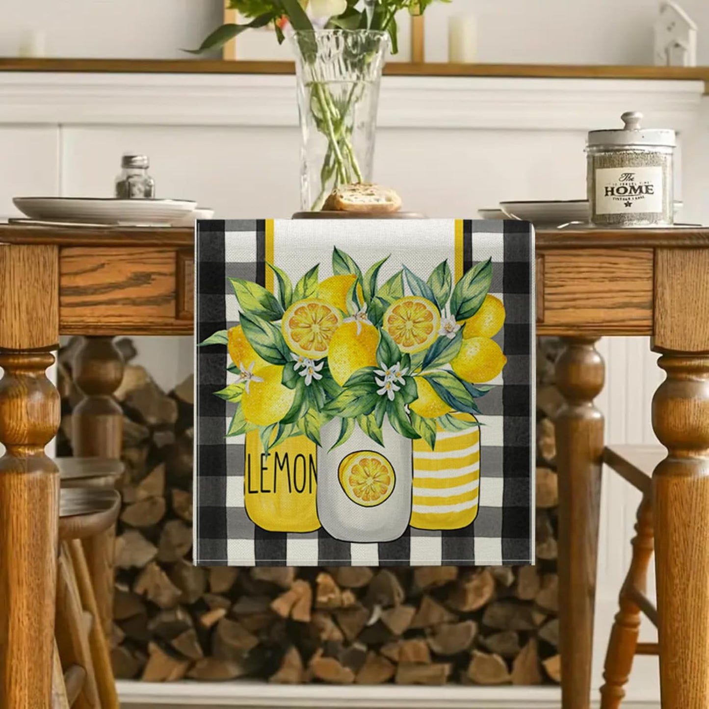 Buffalo Plaid Lemon Vase Table Runner 13x72 Inch Yellow Summer Flowers Kitchen Dinning Table Decoration for Indoor Outdoor Home Party Décor