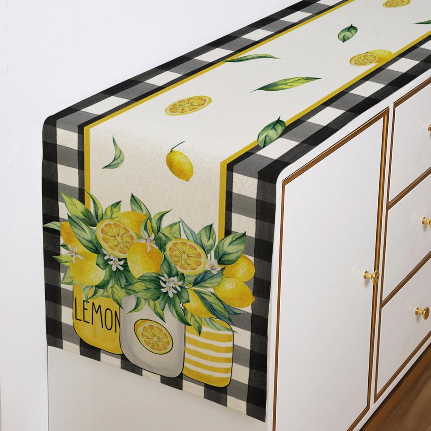 Buffalo Plaid Lemon Vase Table Runner 13x72 Inch Yellow Summer Flowers Kitchen Dinning Table Decoration for Indoor Outdoor Home Party Décor