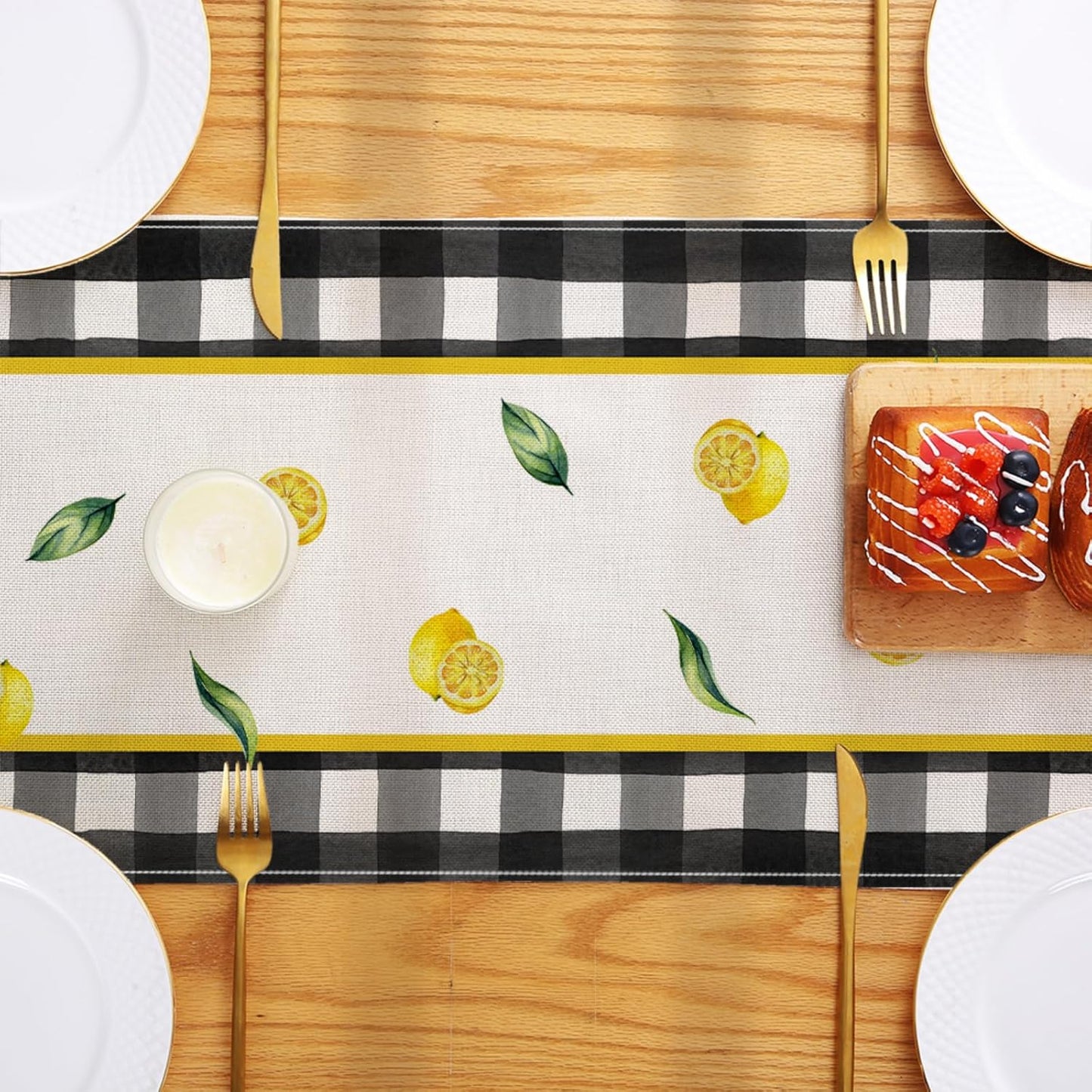 Buffalo Plaid Lemon Vase Table Runner 13x72 Inch Yellow Summer Flowers Kitchen Dinning Table Decoration for Indoor Outdoor Home Party Décor