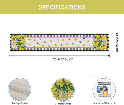 Buffalo Plaid Lemon Vase Table Runner 13x72 Inch Yellow Summer Flowers Kitchen Dinning Table Decoration for Indoor Outdoor Home Party Décor