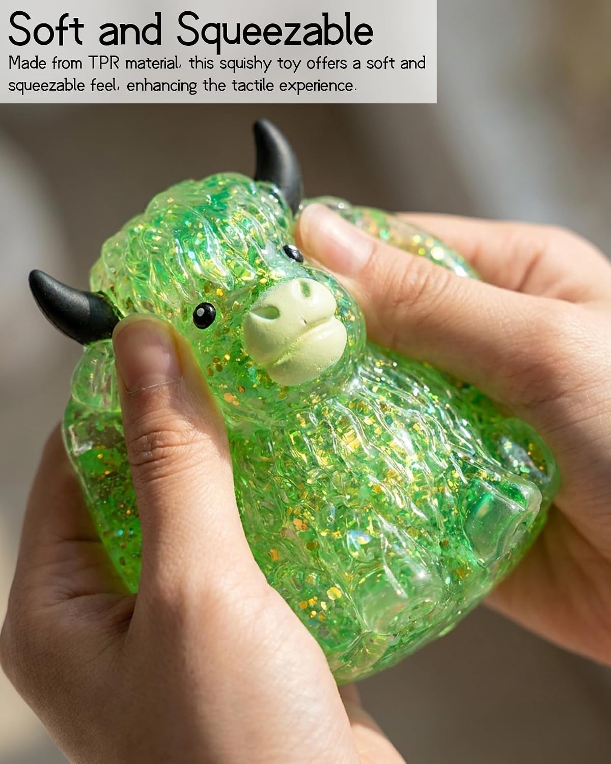 Glitter Highland Cow Squishy Fidget Toy - Slow Rising, Soft Squeeze Toy for Sensory Play and Stress Relief (Yellow)
