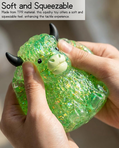 Glitter Highland Cow Squishy Fidget Toy - Slow Rising, Soft Squeeze Toy for Sensory Play and Stress Relief (Yellow)