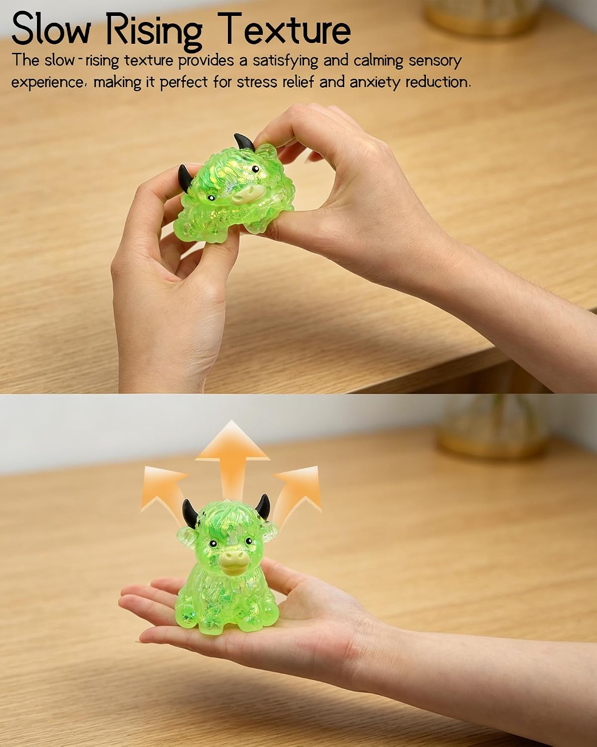Glitter Highland Cow Squishy Fidget Toy - Slow Rising, Soft Squeeze Toy for Sensory Play and Stress Relief (Yellow)