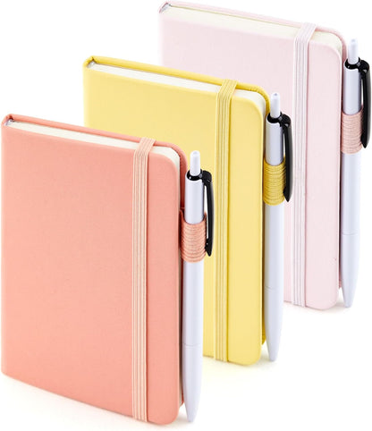3 Pack Pocket Small Notebook Journals, Mini Cute Hardcover College Ruled Notepad Women Office Supplies, with 3 Black Pens, 3.5”x 5.5”, A6, Pastel Colors, Light Yellow, Light Pink, Pale Orange