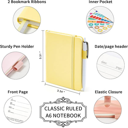 3 Pack Pocket Small Notebook Journals, Mini Cute Hardcover College Ruled Notepad Women Office Supplies, with 3 Black Pens, 3.5”x 5.5”, A6, Pastel Colors, Light Yellow, Light Pink, Pale Orange