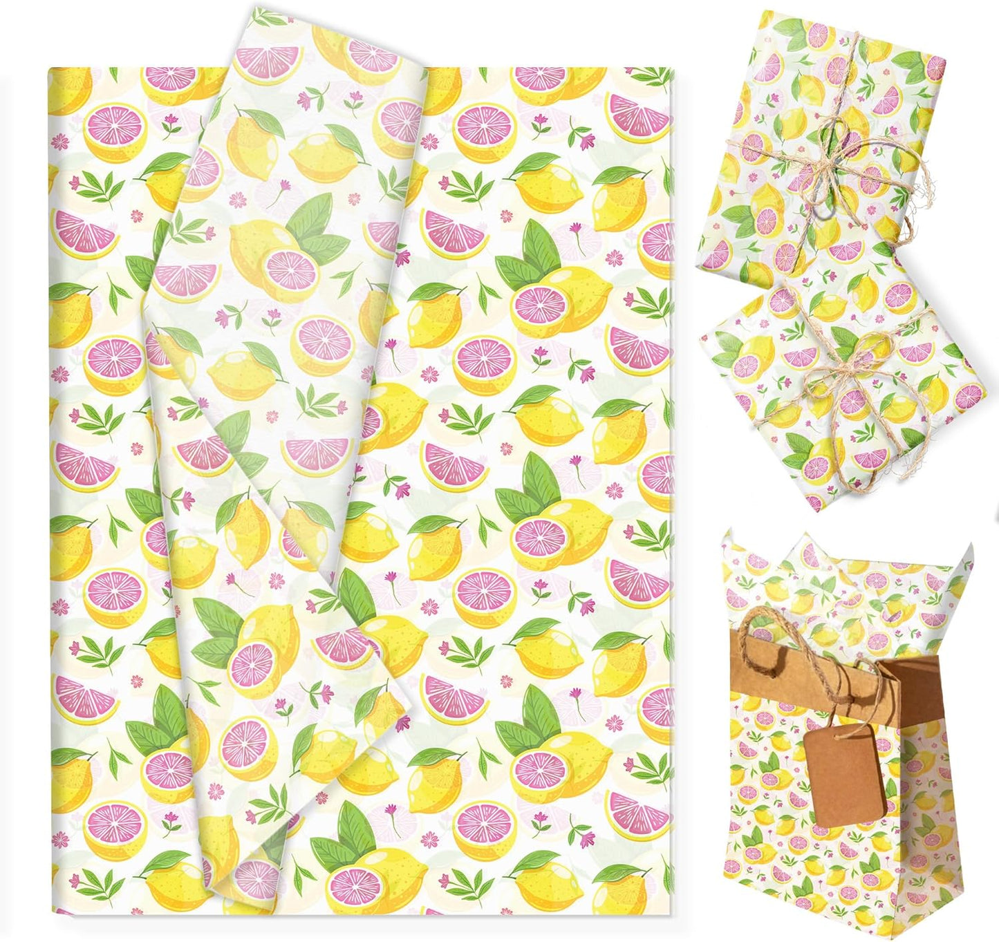 50 Sheet Lemon Pattern Tissue Paper, Summer Fruit Gift Wrapping Papers with Yellow Pink Lemon Designs on White Background for Bouquet Wrapping,Candy Bag Fillers,Birthday Party,Baby Shower,20 x 14 Inch
