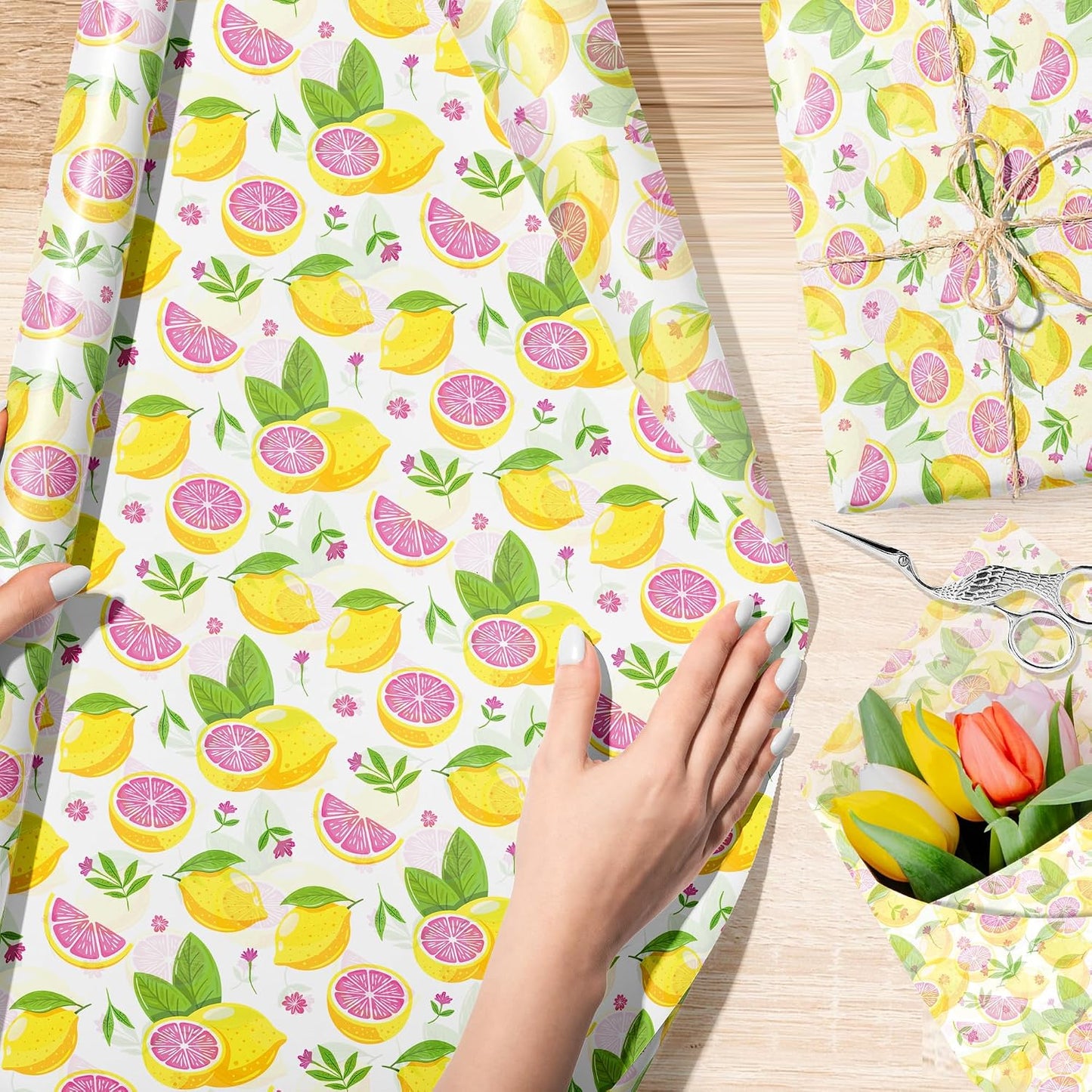 50 Sheet Lemon Pattern Tissue Paper, Summer Fruit Gift Wrapping Papers with Yellow Pink Lemon Designs on White Background for Bouquet Wrapping,Candy Bag Fillers,Birthday Party,Baby Shower,20 x 14 Inch