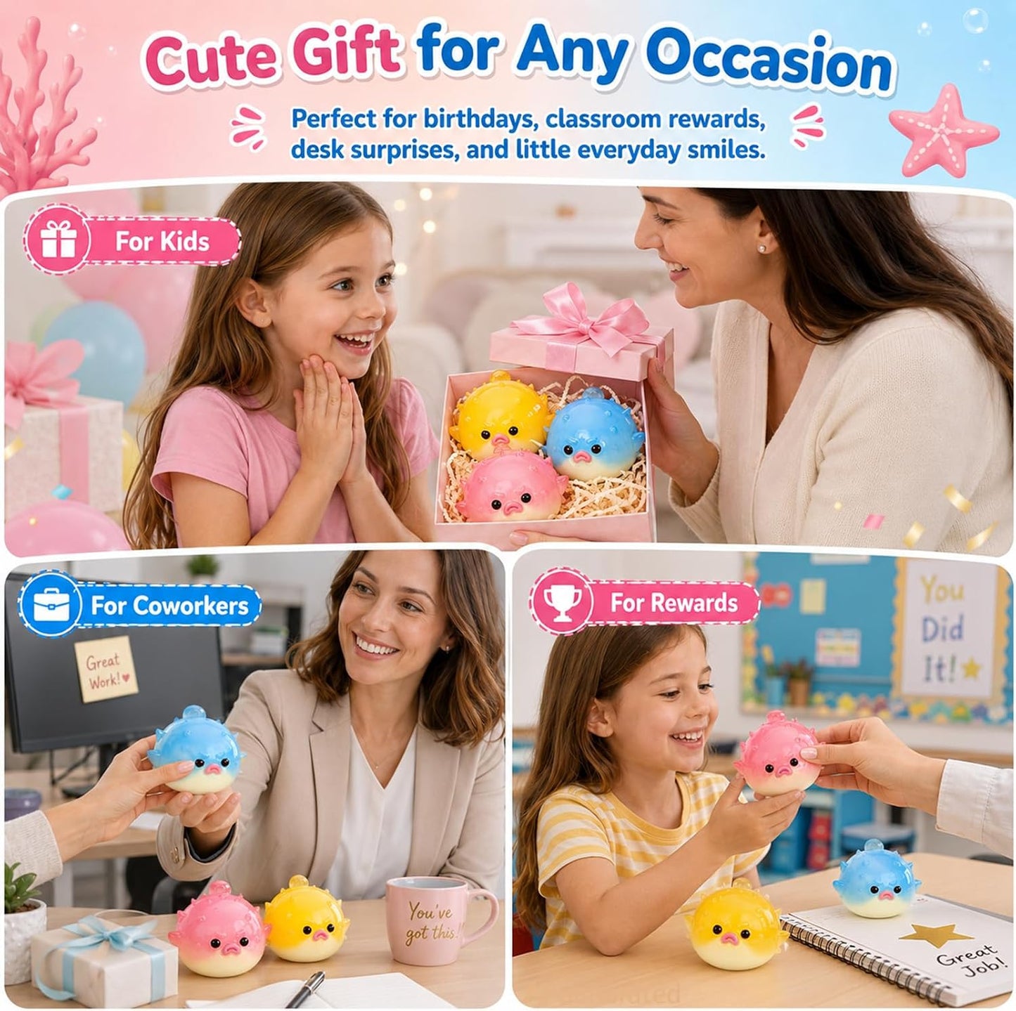 Pufferfish Squishy Toy, Cute Animal Squishies, Ultra Soft Marshmallow Like Squeeze Toy, Stress Relief Squishy Fidget for Adults