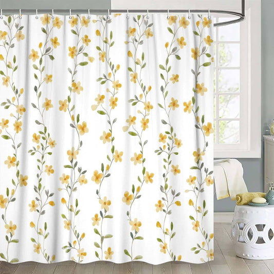 Cute Yellow Floral Shower Curtain,Minimalist Style Watercolor Flower Bath Curtain for Bathroom Decoration,Waterproof Fabric with 12 Hooks 72X72IN