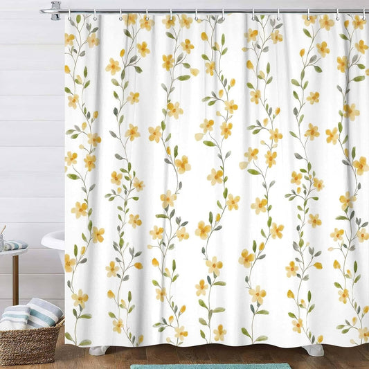 Cute Yellow Floral Shower Curtain,Minimalist Style Watercolor Flower Bath Curtain for Bathroom Decoration,Waterproof Fabric with 12 Hooks 72X72IN