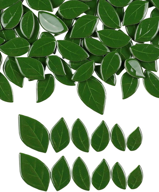 200g Mixed Sizes Leaves Mosaic Tiles for Craft Bulk, Small Ceramic DIY Stepping Stone Kit, Glazed Porcelain Tiles for Coasters Lamp Bathroom Decorations (Green)
