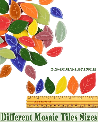 200g Mixed Sizes Leaves Mosaic Tiles for Craft Bulk, Small Ceramic DIY Stepping Stone Kit, Glazed Porcelain Tiles for Coasters Lamp Bathroom Decorations (Green)