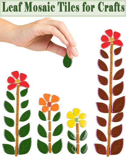 200g Mixed Sizes Leaves Mosaic Tiles for Craft Bulk, Small Ceramic DIY Stepping Stone Kit, Glazed Porcelain Tiles for Coasters Lamp Bathroom Decorations (Green)