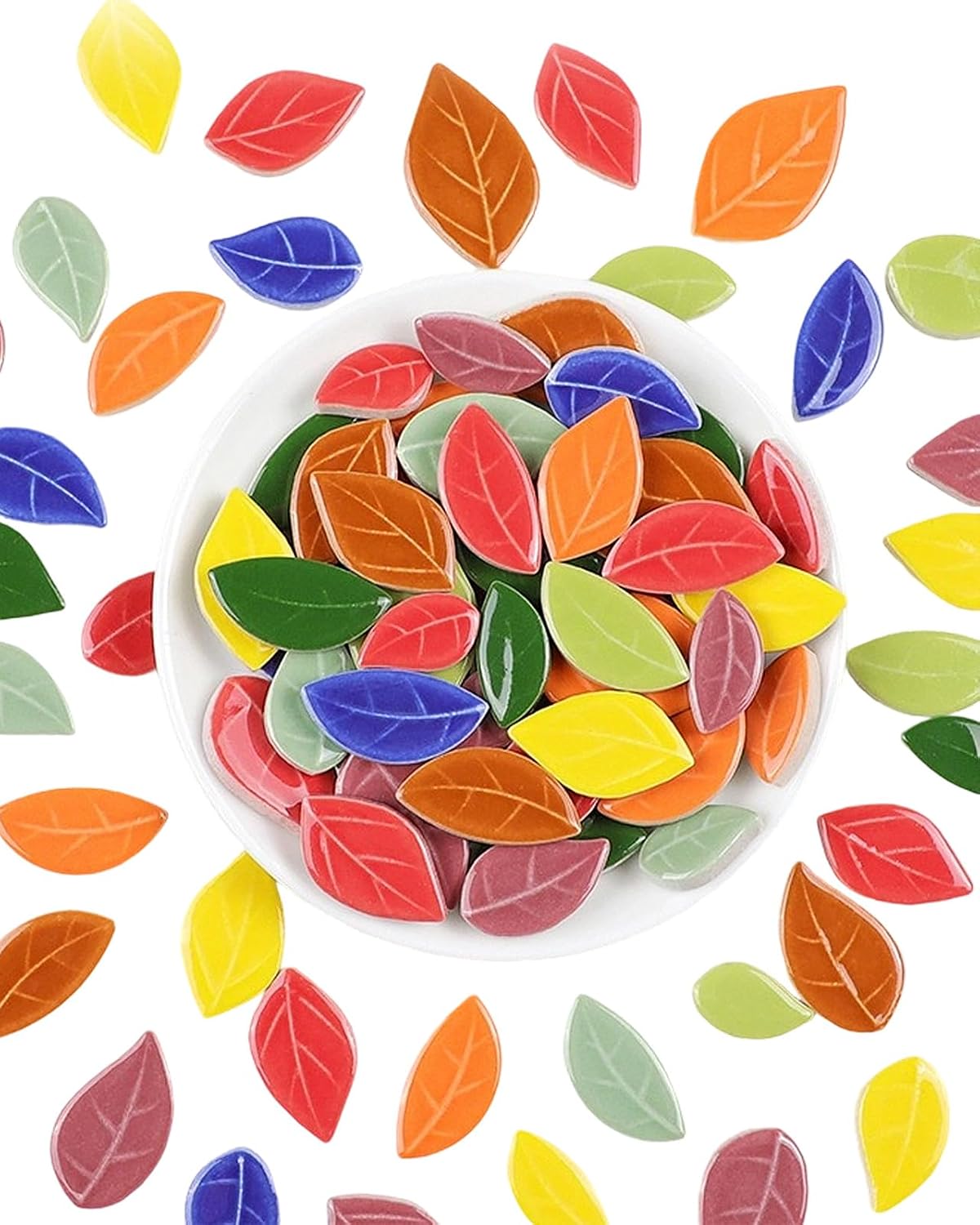 200g Mixed Sizes Leaves Mosaic Tiles for Craft Bulk, Small Ceramic DIY Stepping Stone Kit, Glazed Porcelain Tiles for Coasters Lamp Bathroom Decorations (Green)