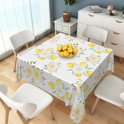 White Floral Yellow Lemon Tablecloth Square 48 Inch Summer Lemon White Rose Fabric Table Cloth Polyester Wrinkle Resistance Washable Table Cover for Garden Party Picnic Dining Room Decor